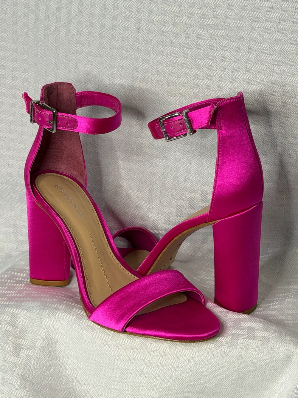 Gianni Bini Fuchsia Satin Block Heel Sandals with Ankle Strap